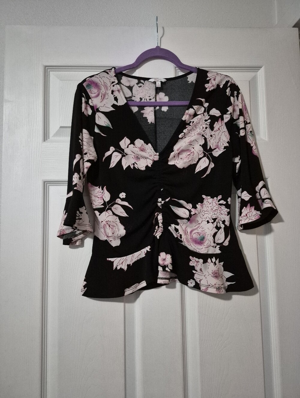 Candie's Black V-Neck Ruched Floral Blouse - Light Pink Bloom